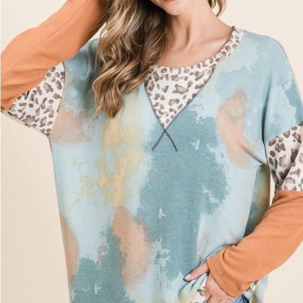 Tie-Dye Leopard Terry Round Neck Long Sleeve T-Shirt - Picture 1 of 6